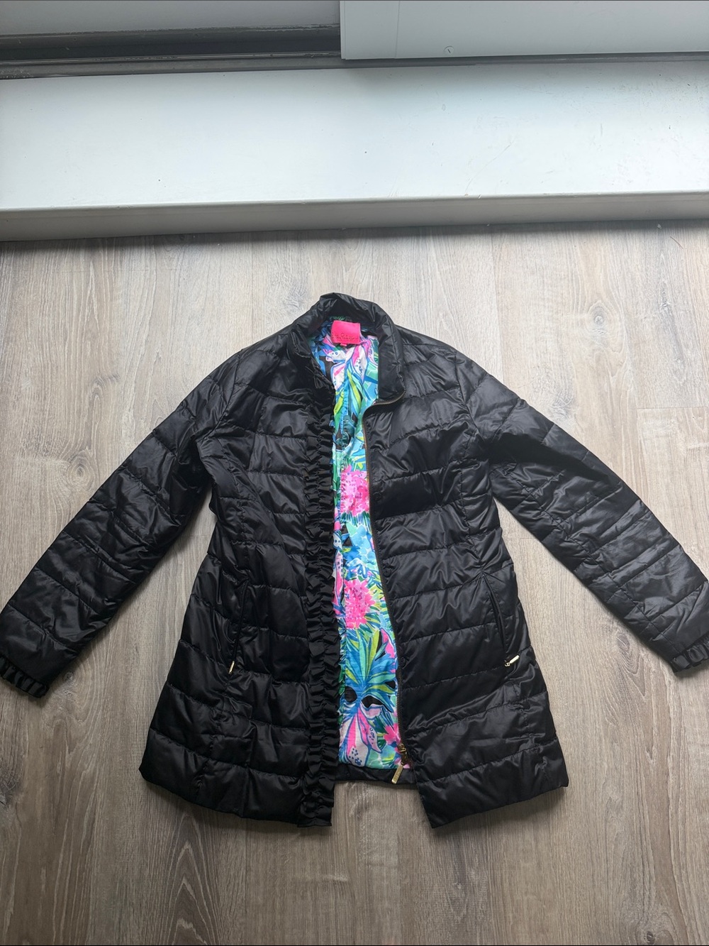 Lilly Pulitzer Black Quilted Puffer Jacket with Tropical Floral Lining